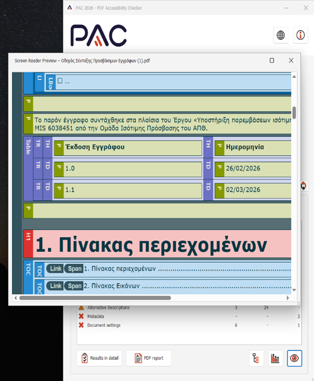 Εφαρμογή PAC για έλεγχο προσβασιμότηττας εγγράφου pdf